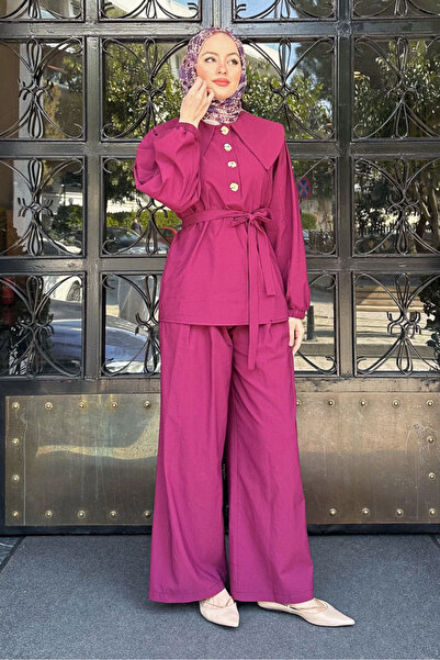 Ovn. Elana Yaka Detaylı Pantolon Takım - Mürdüm