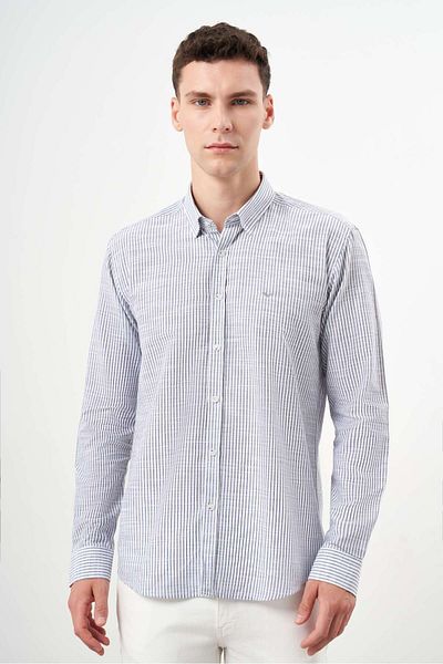 Morven Men's Gray Cotton Striped-Paneled Italian Lapel Slim Fit Shirt