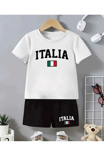 vinraus Girl\Boy's White-Black Italia Printed Shorts-Tshirt Set