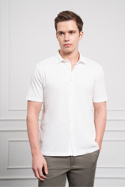 Morven Men's Ecru Trend Apache Collar Dynamic Fit Short Sleeve Shirt