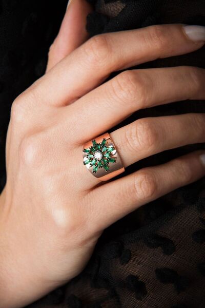 Papatya Silver Kadın Güneş Yüzük 925 Ayar Yeşil Taşlı Ayarlanabilir Gümüş