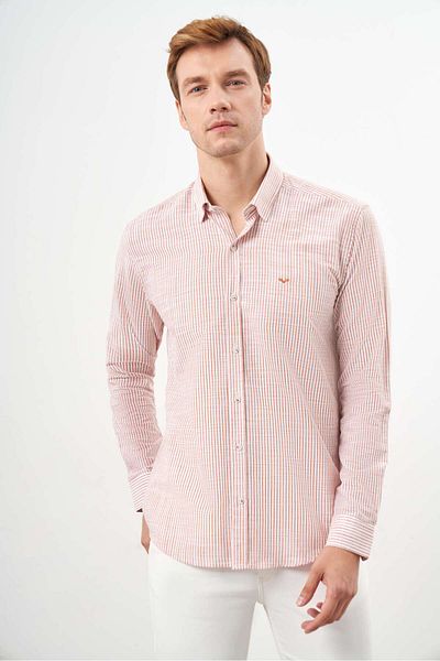 Morven Men's Orange Cotton Striped-Panel Italian Lapel Slim Fit Shirt