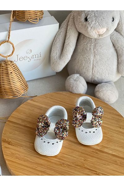 Li Puna White Shine Genuine Leather Baby Moccasin with Colorful Stones