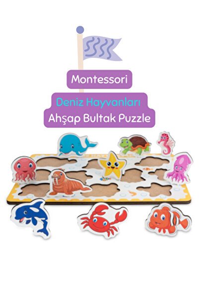 Hopiers Montessori Deniz Hayvanları Ahşap Bultak Puzzele Seti - Eğitici, Öğre...
