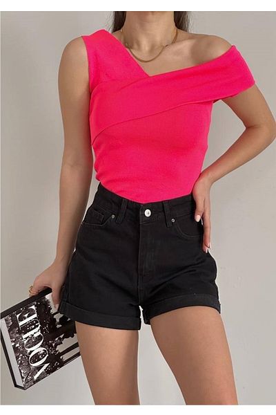 bayansepeti Bluză cu guler Madonna cu un singur umăr din tricotaje flexibile fucsia 0265