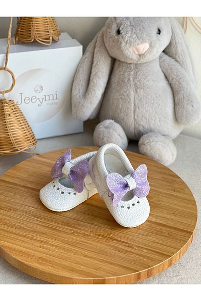 Li Puna White Shine Genuine Leather Baby Moccasin with Purple Stone