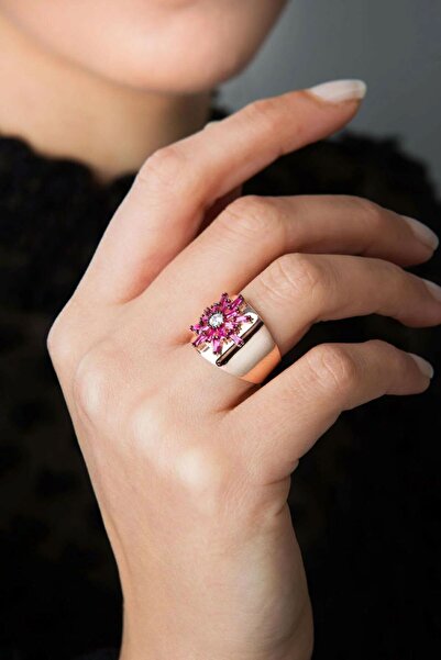 Papatya Silver Kadın Yüzük 925 Ayar Pembe Taşlı Ayarlanabilir Gümüş