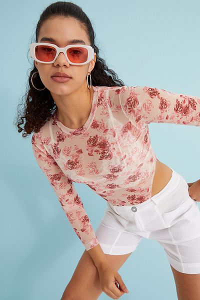Bukamiss Women's Pink Rose Patterned Tulle Transparent Bodysuit