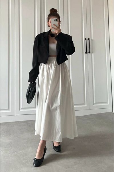 Safgiyim44 Ecru Color Women's Clothing Elastic Waist Double Pocket Poplin Skirt