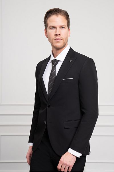 Morven Men's Black Basic Plain Pattern Slim Fit Slim Fit Pointed Collar Suit