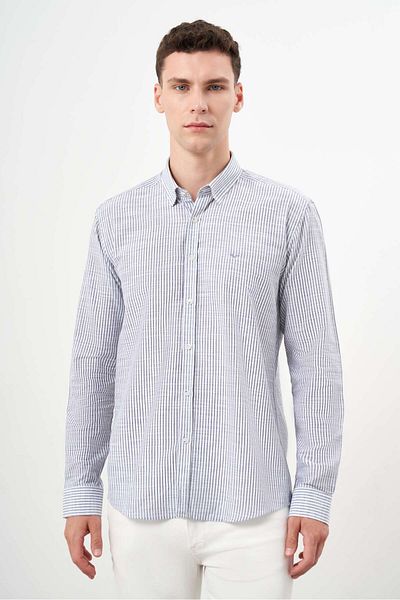 Morven Men's Gray Cotton Striped-Paneled Italian Lapel Slim Fit Shirt