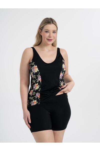 AQUAVİVA Aquaviva Women's Plus Size Black Lilac Print Pamela Tankini with V Neck Shorts