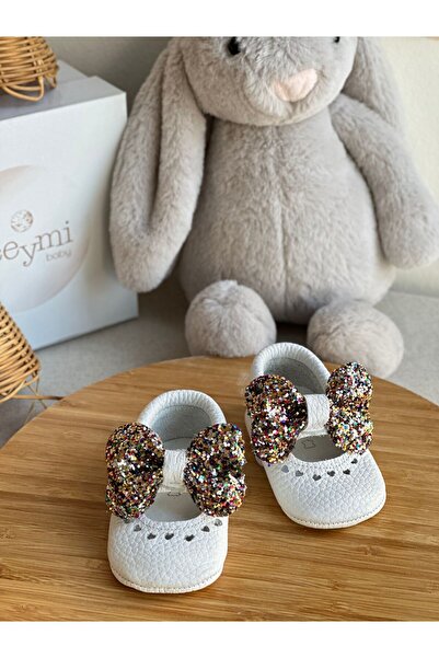 Li Puna White Shine Genuine Leather Baby Moccasin with Colorful Stones