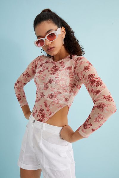 Bukamiss Women's Pink Rose Patterned Tulle Transparent Bodysuit