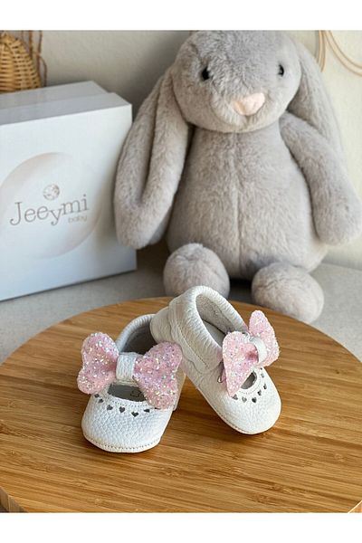 Li Puna White Shine Genuine Leather Baby Moccasin with Lilac Stone