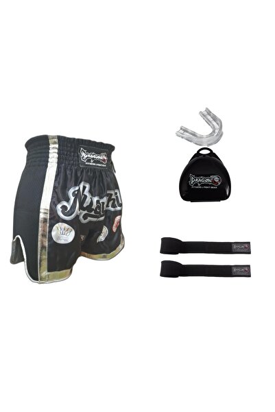 Dragondo sporcu Mt2019 Onaylı Muay Thai Müsabaka Şort gri şeritli, Profesyonel  kutulu Dişlik ve 3.5mt bandaj