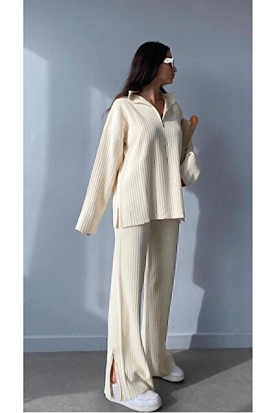 STF MODA Női bordás galléros cipzáras bőr kötöttáru szett hasított lábakkal és cipzárral az oldalán