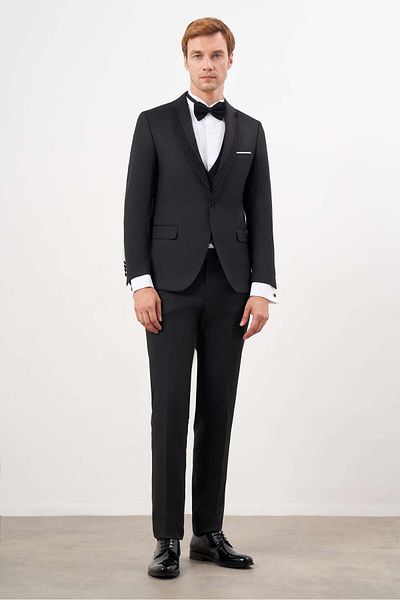 Morven Men's Black Polyviscose Ceromonia Jacquard Pattern Slim Fit Shawl Lapel Groom