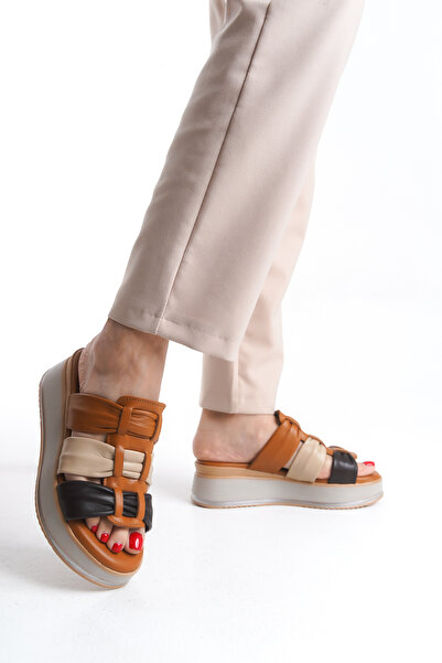 Tamdabu Ayakkabı Genuine Leather Tan Brown Beige Garnished Wedding Heel Women's Slippers Tmd 2025305