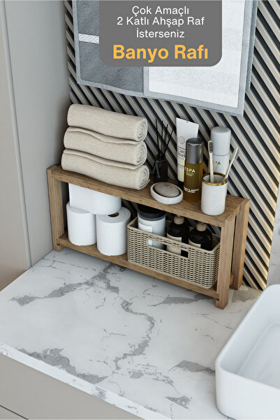 Jest Dekor Konsept Beril Atlantik Çam Çok Amaçlı 2 Katlı Ahşap Banyo Rafı / Mutfak Rafı, Organizer, Dekoratif Raf