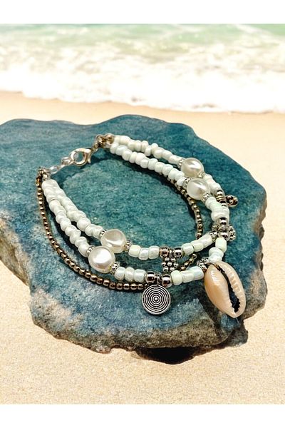 dela otantik Handmade Sea Shell & Pearl Bracelet - White Adjustable Bohemian Authentic Jewelry