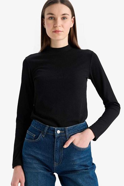 DeFacto Tricou cu mânecă lungă, cu jumătate de gât țesut, de bază, cu nervuri drepte