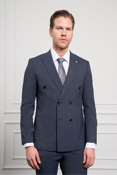 Morven Men's Navy Blue Trend Slim Fit Pointed Collar Double Breasted Suit