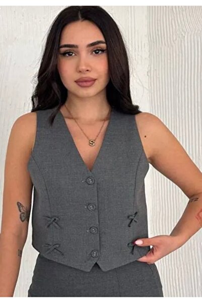 ronox kadın YELEK gri fiyonk detaylı blezer astarlı düğmeli YELEK