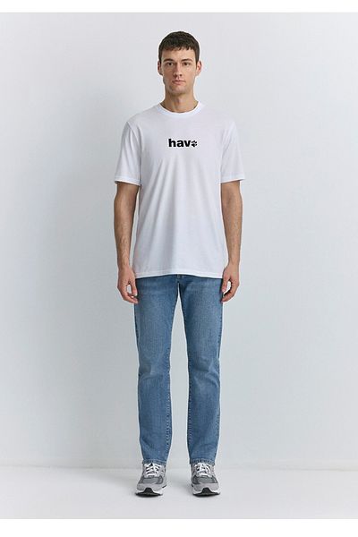 Mavi White Regular Fit T-Shirt with Houndstooth Print