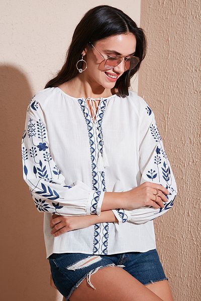 Lela Βαμβακερή κανονική εφαρμογή με μανίκια με κέντημα μπλούζα ΜΠΛΟΥΖΑ 6110936