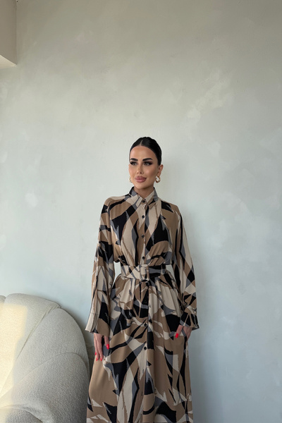 KAMACI BUTİK Gömlek Yaka Kemerli Elbise