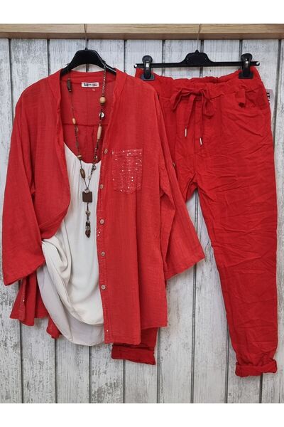 pudubutik Italian Sequined 100% Cotton Red Shirt