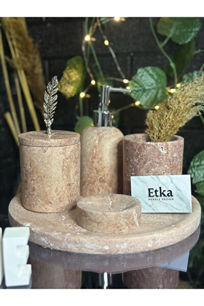 Etka Store 5 Li Traverten Mermer Banyo Seti Gümüş Yaprak Aksesuarlı Ev Banyo ...