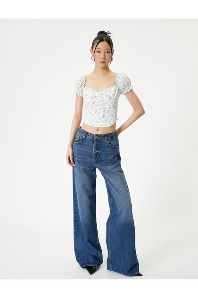 Koton Women's Blue Floral Puff Sleeve Blouse