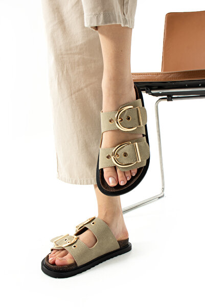 Neva'nın Butiği Fauda Double Buckle Comfortable Sole Suede Women's Slippers