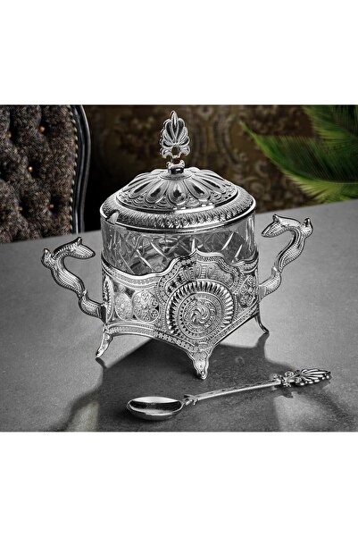 KT HOME Şekerlik Kaşıklı Cam Şekerlik Kapaklı Küp Şekerlik (Kaşık Dahil)