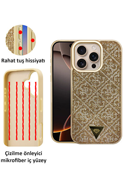 CEPSTOK Apple iPhone 16 Pro(6.3") Kılıf Desenli Taşlı İçi Kadife Silikon
