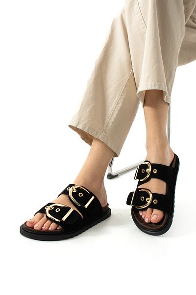 Neva'nın Butiği Fauda Double Buckle Comfortable Sole Suede Women's Slippers