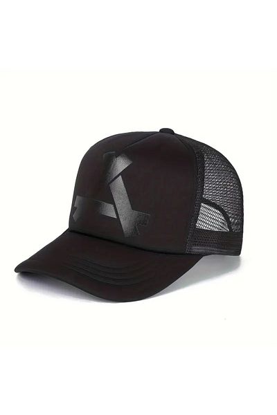 LEIVOR Cross Triangle Printed Snap Fastener Black Mesh Hat