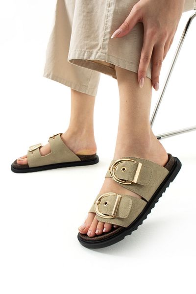 Neva'nın Butiği Fauda Double Buckle Comfortable Sole Suede Women's Slippers