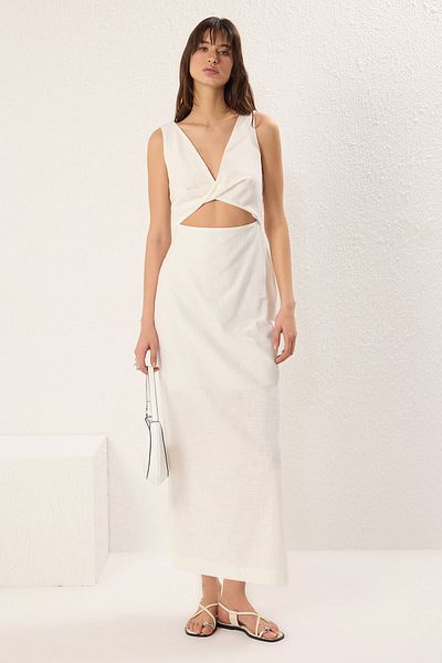 Trendyol Collection Ecru A-Linien-Maxi-gefüttertes, gewebtes Kleid mit Fensterdetail TWOSS25EL00131