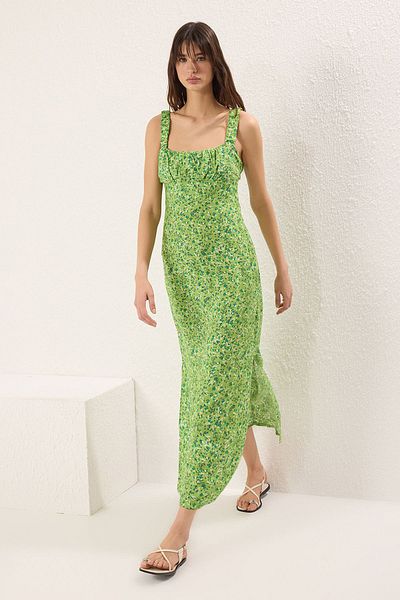 Trendyol Collection Πράσινο Floral A-Line Maxi υφαντό φόρεμα με σχισμή TWOSS24EL00613