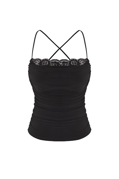 Trendyol Collection Czarna bluzka z dekoltem typu cowl, koronkowa, dzianinowa, stylowa TPRSS25BZ00043