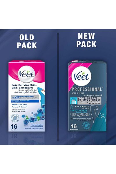 Veet شرائح شمعية سهلة الاستخدام لإزالة الشعر من منطقة البكيني والإبطين للبشرة الحساسة، برائحة زهرة الذرة الزرقاء المهدئة