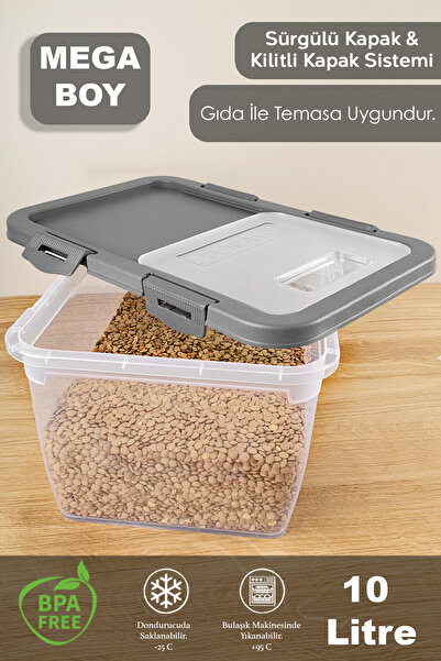 Meleni Home 3-Piece Sliding Lid Pulses Storage 10 Lt Gray Locked Food Sugar Flour Container