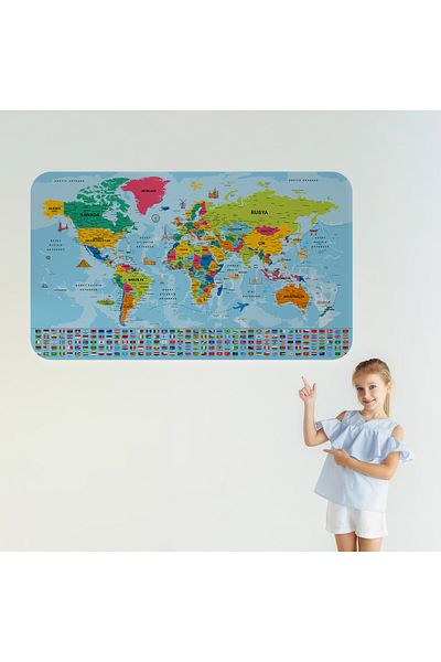 Harita Sepeti Turkish World and Turkey Map Educational Country Flag Children's Room Teenager's Room Wall Sticker-3865B