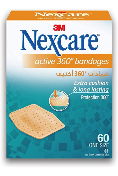 Nexcare ضمادات/لصقات Active 360، 23 مم × 28 مم، 60 وحدة/عبوة | خالية من اللاتكس | متوافقة، قابلة للتمدد