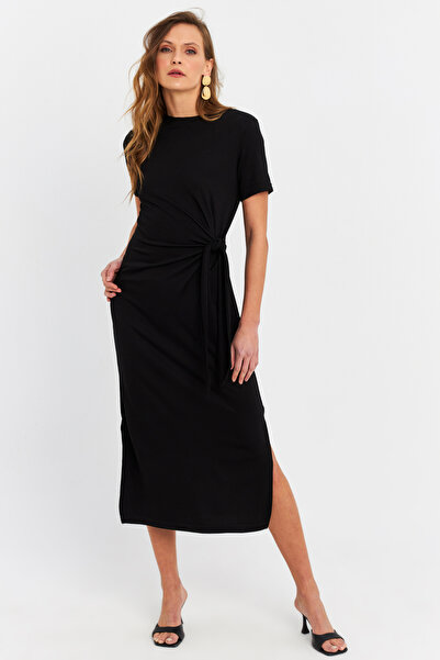 Cool & Sexy Women's Black Knotted Midi Dress Ru6942