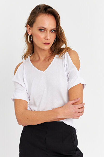 Cool & Sexy Λευκή γυναικεία μπλούζα ανοιχτού ώμου - BR1329