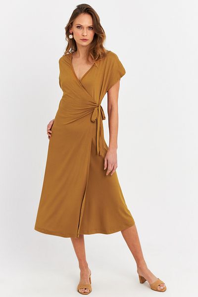 Cool & Sexy Γυναικείο Μίντι Φόρεμα Camel με διπλό στήθος EY3044